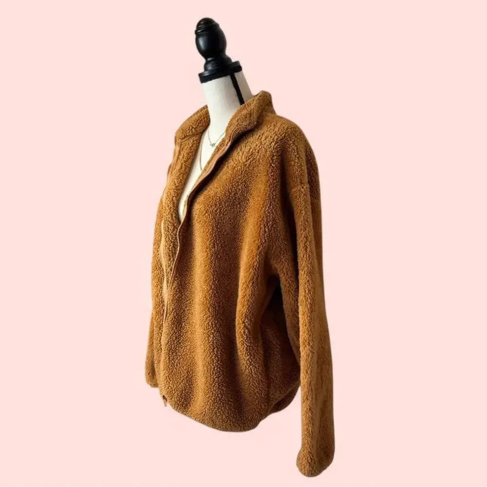 PINK Victoria's Secret Brown Teddy Sherpa Full Zip Jacket Women's Size L - Picture 4 of 7